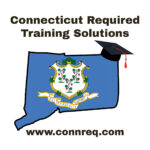 The logo of Connecticut Required Training Solutions - an outline of the state with the state seal elements and a red-tassled mortarboard on the top.