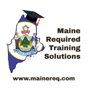 The logo of Maine Required Training Solutions - an outline of the state with the state seal elements and a red-tasseled mortarboard on the top